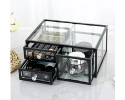 Moongoods make-up organizer van glas met zwart frame - beautycase - cosmetica organizer - organizer make up - sieradendoos - sieraden organizer - cosmetica organizer groot - Opbergdoos met 3 lades - Cosmetica opberger - Glazen box