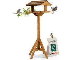 Moorland Houten Voederhuisje op Paal 114 cm – Weerbestendig FSC Vogelhuis voor Balkon, Terras of Tuin – Vogelvoederhuisje voor Buiten – Groot Open Vogelhuisje Bouwpakket met Donker Dak – VH4