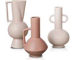 Morandi Vaasdecoratie voor Valentijnsdag, 3-delige set beige roze vazen met handvat, decoratieve mat bloemenvaas voor woonkamer, slaapkamer, kantoor, schoorsteenmantel