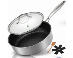 Morelia® Hybrid Hapjespan Incl Deksel Ø 26cm - Geschikt voor Inductie en Gas - PFAS Vrij - Keramische Anti aanbaklaag - Oven en Vaatwasserbestendig - Zwart