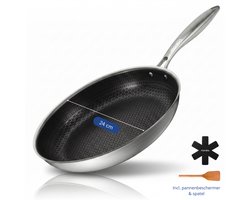 Morelia® Hybrid Koekenpan 24 cm Inductie en Gas - Incl Spatel - PFAS Vrij - Keramische Anti aanbaklaag - Oven en Vaatwasserbestendig - Zwart
