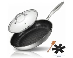Morelia® Hybrid Koekenpan 28 cm met Deksel - Inductie en Gas - Incl Spatel en Pannenbeschermer - PFAS Vrij - Keramische Anti aanbaklaag - Oven en Vaatwasserbestendig - Zwart