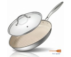 Morelia® Hybrid Koekenpan met Glazen Deksel 24cm - Koekenpan Inductie - PFAS Vrij - Keramische Anti aanbaklaag - Oven en Vaatwasserbestendig - Beige