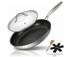 Morelia® Hybrid Koekenpan met Glazen Deksel Ø 28 cm - Koekenpan Inductie - Incl Spatels en Pannenbeschermers - PFAS Vrij - Keramische Anti aanbaklaag - Oven en Vaatwasserbestendig - Zwart