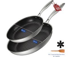 Morelia® Hybrid Koekenpannen Set - Ø 24cm + 28 cm - Inductie en Gas - Incl Spatels en Pannenbeschermers - PFAS Vrij - Keramische Anti aanbaklaag - Oven en Vaatwasserbestendig - Zwart