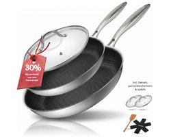 Morelia® Hybrid Pannenset met Deksels - Koekenpannen Set 24 + 28 cm Inductie en Gas - PFAS Vrij - Keramische Anti aanbaklaag - Oven en Vaatwasserbestendig