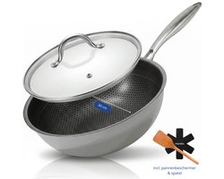 Morelia® Hybrid Wokpan met Deksel Ø 30cm - RVS Honingraat Anti-Aanbakpan - PFAS & PTFE vrij - Inductie, Elektrisch, Keramisch & Gas - Zwart