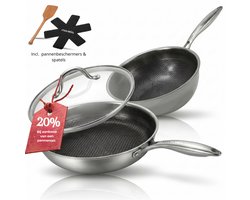 Morelia® Hybrid Wokpan - Pannenset - Wokpan & Koekenpan Inductie en Gas - 100% PFAS Vrij - Keramische Anti aanbaklaag - Oven en Vaatwasserbestendig - Zwart