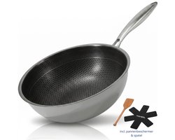 Morelia® Hybrid Wokpan - RVS Honingraat Anti-Aanbakpan - PFAS & PTFE vrij - Inductie, Elektrisch, Keramisch & Gas - Zwart