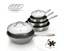 Morelia® Wokpan - Complete Pannenset incl Deksels 20,24,28 en 30cm - RVS Honingraat - Anti-Aanbakpan - PFAS & PTFE vrij - Inductie, Elektrisch, Keramisch & Gas - Zwart