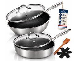 Morelia® Wokpan & Hapjespan Inductie met Deksel (28cm Zwart) - Incl Spatels en Pannenbeschermers - Keramische Anti aanbaklaag - Oven en Vaatwasserbestendig