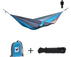 MoreThanHip - Single (reis)hangmat Relaxzz - 1 Persoons - Incl. set touwen - blauw/grijs - 180 kg draagvermogen - lichtgewicht - compact