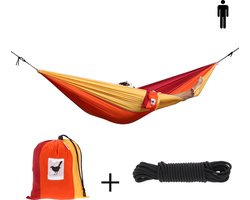 MoreThanHip - Single (reis)hangmat Sunset - 1 Persoons - Incl. set touwen - rood/oranje/geel - 180 kg draagvermogen - lichtgewicht - compact