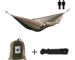 MoreThanHip - XXL (Reis)hangmat Camouflage - 2 Persoons - Incl. set touwen - bruin/groen - 180 kg draagkracht - lichtgewicht - compact
