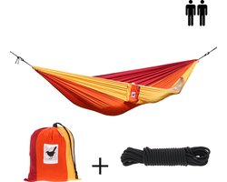 MoreThanHip - XXL (Reis)hangmat Sunset - 2 Persoons - Incl. set touwen - rood/oranje/geel - 180 kg draagkracht - lichtgewicht - compact