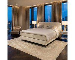 Mörgenn Boxspring Bouclé - Pocketvering - Luxe topper - Luxe rond hoofdbord - Lichtbeige - 100x220 cm - Inclusief Dekbed en Kussens