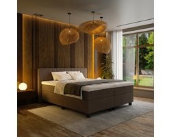 Mörgenn Boxspring Douze - Pocketvering - 12-Baans Hoofdbord - Bruin - 160x200 cm - Inclusief Dekbed en Kussens