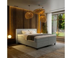 Mörgenn Boxspring Douze - Pocketvering - 12-Baans Hoofdbord - Lichtgrijs - 180x210 cm - Inclusief Dekbed en Kussens