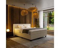 Mörgenn Boxspring Douze - Pocketvering - 12-Baans Hoofdbord - Teddy Beige - 180x200 cm - Inclusief Dekbed en Kussens