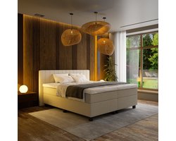 Mörgenn Boxspring Douze - Pocketvering - 12-Baans Hoofdbord - Teddy Beige - 180x220 cm - Inclusief Dekbed en Kussens