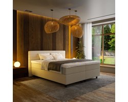 Mörgenn Boxspring Horizon - Pocketvering - 9-Baans Hoofdbord - Beige - 200 x 220 cm - Inclusief Dekbed en Kussens