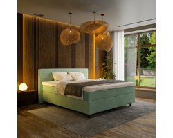 Mörgenn Boxspring Horizon - Pocketvering - 9-Baans Hoofdbord - Groen - 140 x 200 cm - Inclusief Dekbed en Kussens