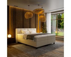 Mörgenn Boxspring Madrid - Pocketvering - 6-Baans Hoofdbord - Beige - 90x200 cm - Inclusief Dekbed en Kussens