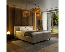 Mörgenn Boxspring Madrid - Pocketvering - 6-Baans Hoofdbord - Taupe - 200x200 cm - Inclusief Dekbed en Kussens