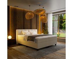 Mörgenn Boxspring Madrid - Pocketvering - 6-Baans Hoofdbord - Teddy Beige - 160x210 cm - Inclusief Dekbed en Kussens