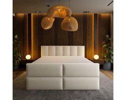 Mörgenn Luxe Boxspring Billy - Pocketvering - Luxe 6 baans hoofdbord - Geen voetbord + Luxe Suprême topper - Inclusief Dekbed en Kussens - Beige - 160x200 cm