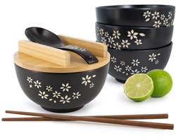 Moritz & Moritz 4-delige Ramen Bowl Zwart Bloemen - met Soeplepels & Eetstokjes