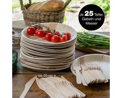 Moritz & Moritz 75-delig palmblad servies rond 20 cm Ø incl. bestek wegwerp - 25 duurzame wegwerpborden - alternatief voor bamboe servies en bamboe borden