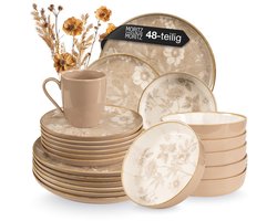 Moritz & Moritz MARIELLA 48-delig Serviesset 12 Persoons - Modern Borden Set in beige met speels design, Koffieservies met Borden, schalen en Kopjes - Combinatieservies