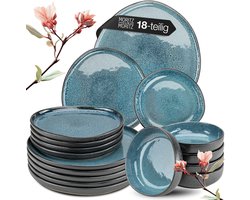 Moritz & Moritz ORGANIC 18-delige Serviesset voor 6 personen Blauw – Modern Bordenset Steengoed – Servies met dinerborden, dessertborden en soepborden