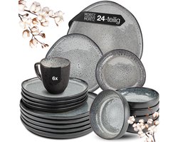 Moritz & Moritz ORGANIC 24-delige Serviesset voor 6 Personen – Modern Servies Aardewerk Grijs – Borden set met dinerborden, dessertborden, soepborden en kopjes