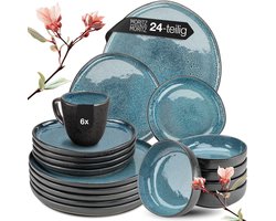 Moritz & Moritz ORGANIC 24-delige Serviesset voor 6 Personen – Modern Servies Steengoed Blauw – Borden set met dinerborden, dessertborden, soepborden en kopjes