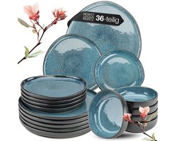 Moritz & Moritz ORGANIC 36-delige Serviesset voor 6 Personen – Modern Bordenset Blauw – Combinatieset met dinerborden, dessertborden, soepborden en ontbijtkommen
