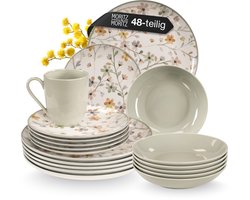 Moritz & Moritz PRIMAVERA 48-delige Serviesset voor 12 Persoons – Bordenset Aardewerk Grijs – Servies met Dinerborden, Dessertborden, Soepborden en Kopjes