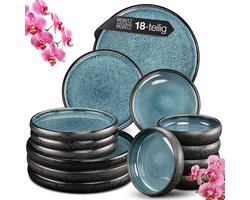 Moritz & Moritz SOLID 18-delige Serviesset 6 Persoons Blauw – Modern Bordenset Aardewerk – Servies met dinerborden, dessertborden en soepborden