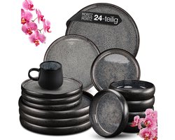 Moritz & Moritz SOLID 24-delig Serviesset 6 Persoons - Modern Borden Set in Grijs - Aardewerk Koffieservies met Borden, schalen en Kopjes - Combinatieservies