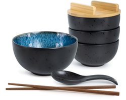Moritz & Moritz SOLID 4-delige Ramen Bowl Blauw - voor 4 Persoons met Soeplepels & Eetstokjes