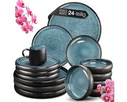Moritz & Moritz SOLID Serviesset 6 Persoons - 24-delig Servies Set met Dinerbord, Dessertbord, Kom en Mok - Blauw