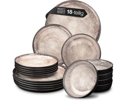 Moritz & Moritz VIDA 18-delige Serviesset 6 persoons - Keramiek Tafelservies zwart-beige, vaatwasser-, magnetron- en krasbestendig, Borden Set met 6 Platte Borden, 6 Soepborden en 6 Ontbijtborden