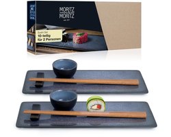 Moritz & Moritz VIDA Serviesset 2 Persoons - 10-delig Sushi Servies Set met Dinerbord, Eetstokje en Schaaltje - Porselein - Blauw