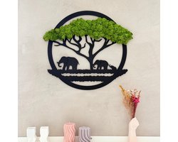 Mos wanddecoratie Olifanten - Mosschilderij-Rond Ø40- Boom moscirkel- Rendiermos mos schilderij- Middengroen