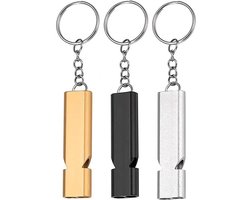 MOSEN-3 stuks fluit, overlevingsfluit, metalen fluit met dubbele buizen en sleutelhanger, scheidsrechtersfluit, noodfluit voor redding, reizen, sport, huisdierentraining (goud + zilver + zwart)