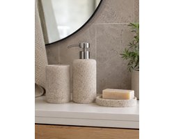 MOSI Home - Badkamerset Beige - RVS Zeepdispenser, Zeepbakje & Tandenborstelhouder - 3-delige Badkamer Accessoires - Resin
