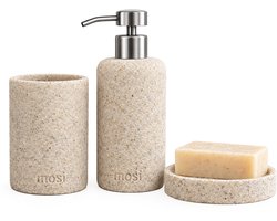 MOSI Home - Badkamerset Beige - RVS Zeepdispenser, Zeepbakje & Tandenborstelhouder - 3-delige Badkamer Accessoires - Resin