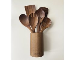 MOSI Home® Keukengerei set met houder | Teakhout | 7-delig | Ophangbaar | Cadeau tip / Spatelset / Keukenaccessoires / Kookgerei