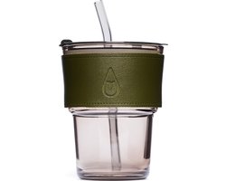Motivai Glazen Drinkbekers met Deksel, Rietje & Leren Band – 400ML – Stijlvolle Tumbler voor Koffie, Smoothie & Cocktail – Groen